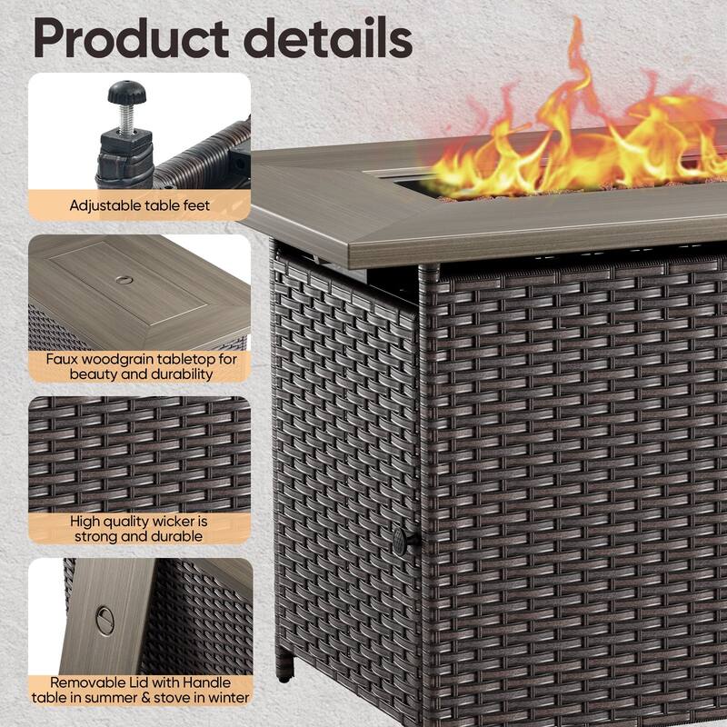 Outdoor Propane Fire Pit Table - 55000 BTU, Adjustable Flames - Rectangle