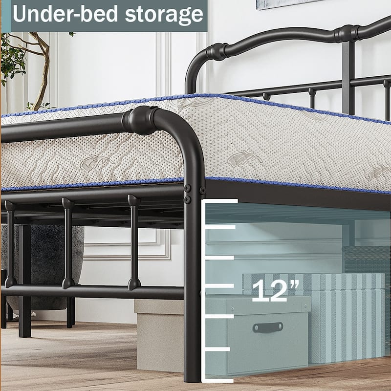 Heavy-Duty Anti-Wobble 14 Inch Bed Frame With Wavy Art Headboard, No Needed Box Spring