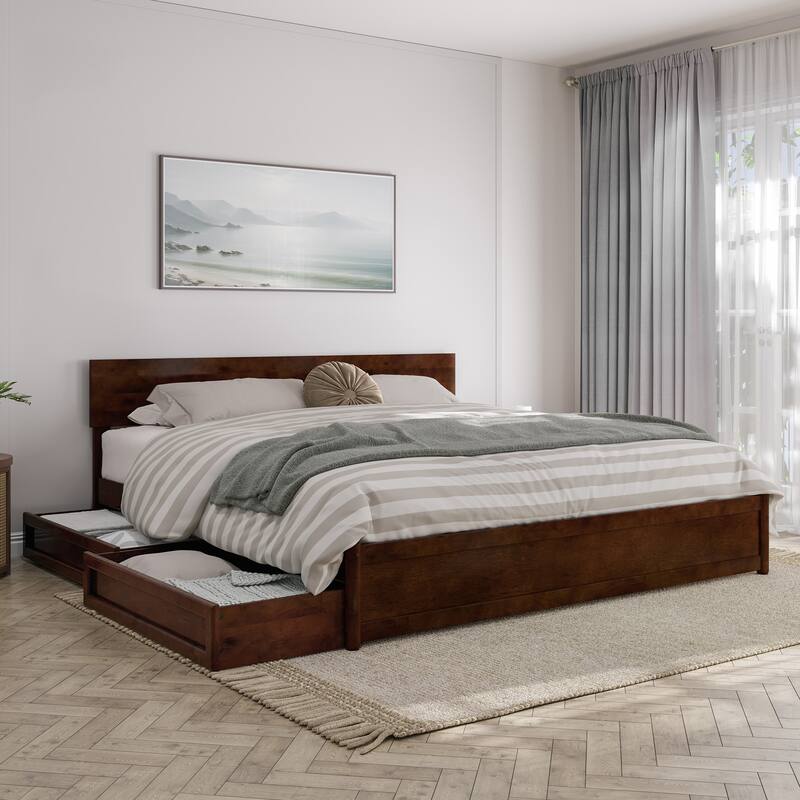 Wesley Platform Bed with Panel Footboard and Storage Drawers - Walnut - King