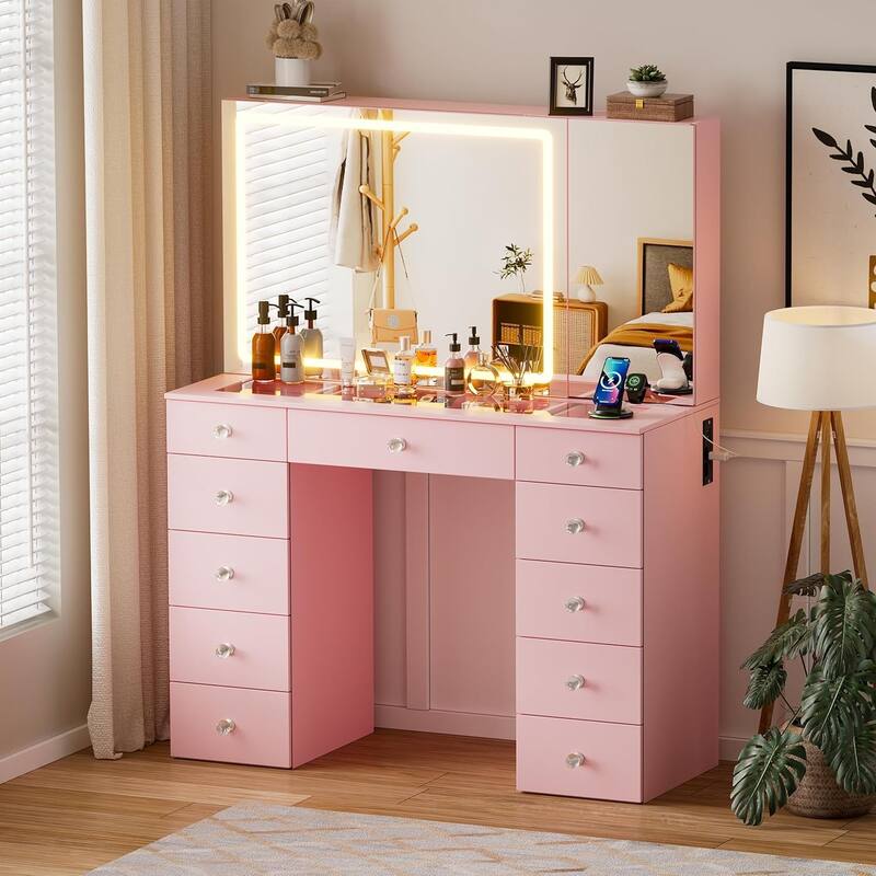 PAKASEPT Vanity Set with Lighted Mirror, Large Vanity Desk with Charging Station