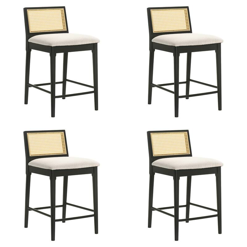 Tobias Rattan and Wood Bar Stool, Counter Height Kitchen Stool with White Boucle Fabric Upholstered Seat - Set of 4 - Black - Counter Height