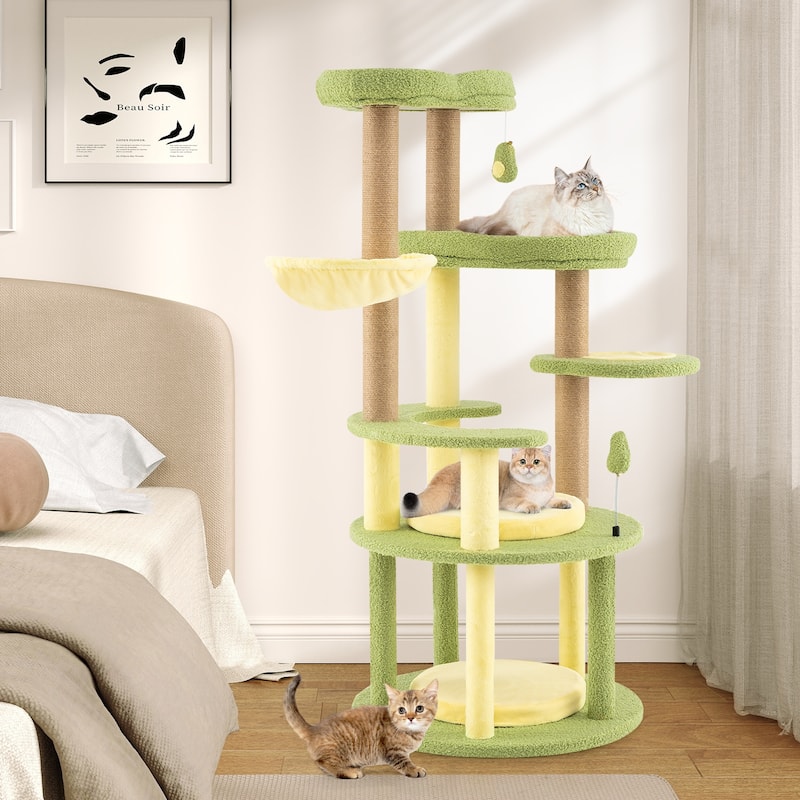 Multi-level Cat Tree Avocado Theme Cat Tower with Wide Perch Rotatable Basket - 23.5" x 23.5" x 51" - Green-Yellow-Brown