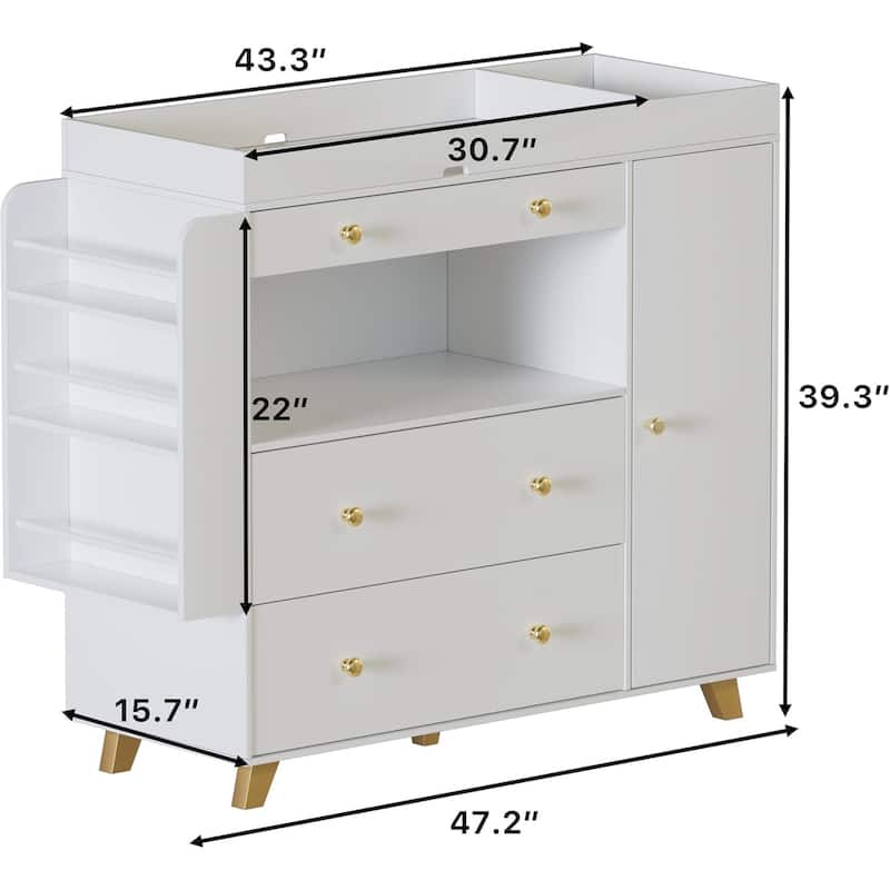 Modern Changing Table Dresser - Wide Top, 3 Drawers, White Finish‌
