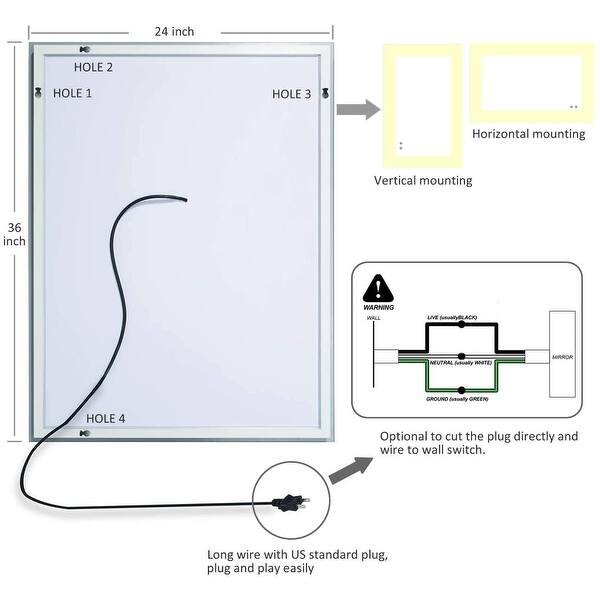 ExBrite LED Bathroom Mirror 36 x 24 inch Touch Button Dimmable Waterproof IP44,Both Vertical and Horizontal Wall Mounted Way Anti Fog Slim,90+ CRI