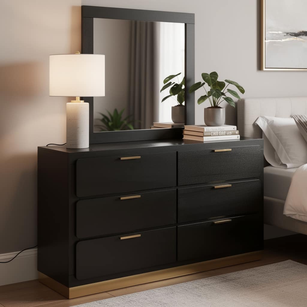 Caer Wide Dresser with Mirror, 6 Drawers, Black Wood Frame, Gold Metal