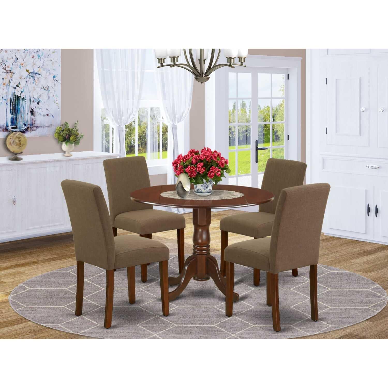 Round Kitchen Table Set 5pc 42" Table w/ Drop Leaves & 4 Parsons Chairs - Linen Fabric