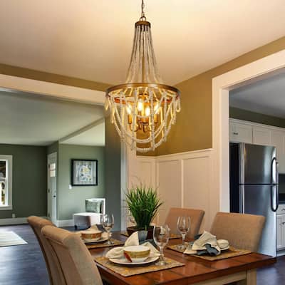 Modern Glam French Country Wood Beaded Chandeliers Ceiling Lights for Bedroom Living Room, Dining Room - D 17.7'' x H 95.2''