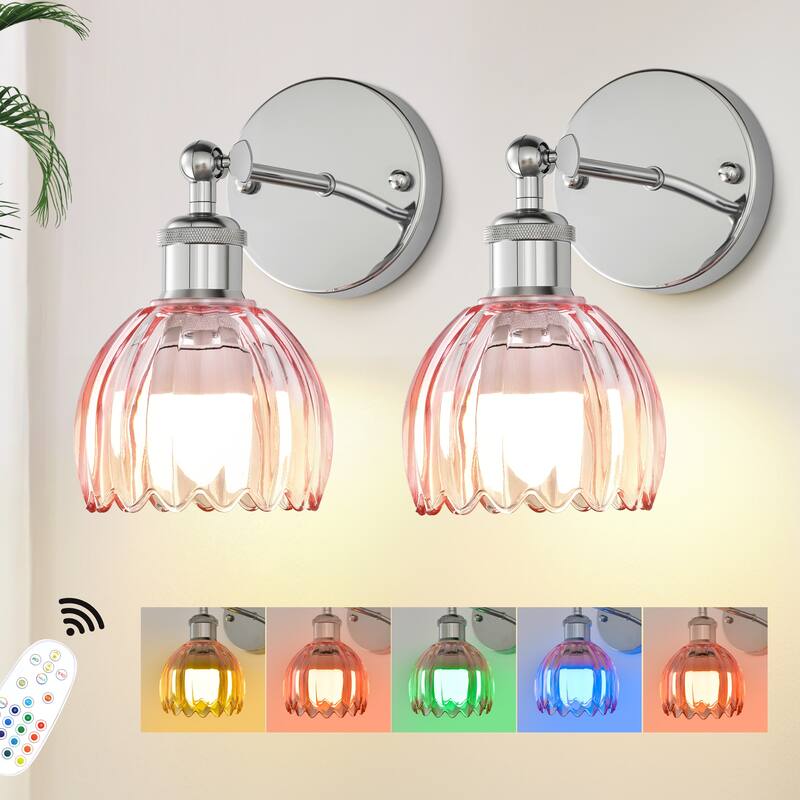 Adjustable Vintage Wall Sconce with Amber Tulip Glass Brass Fixture with Switch Ideal for Bedroom Hallway or Entry - Chrome - Pink