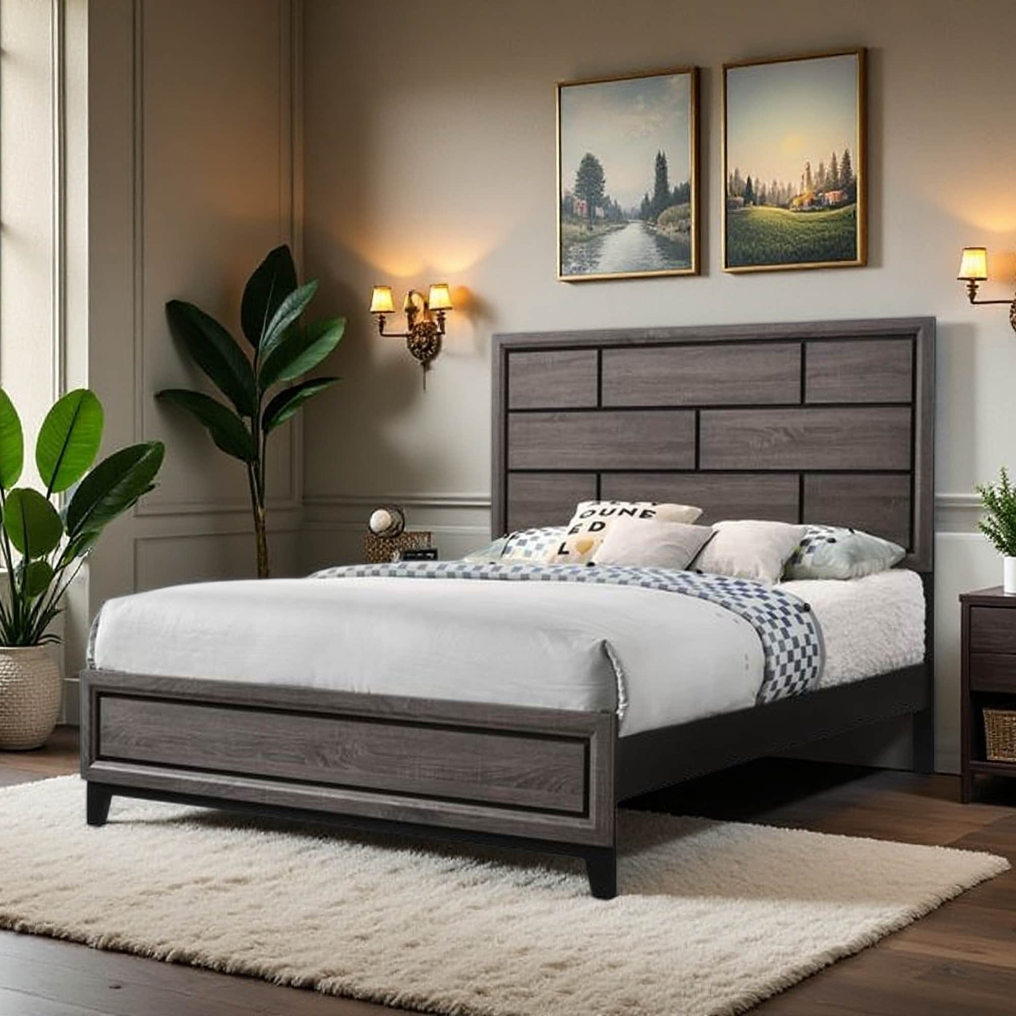 Queen Size Wood Panel Bed with Transitional Style and Box Design Headboard