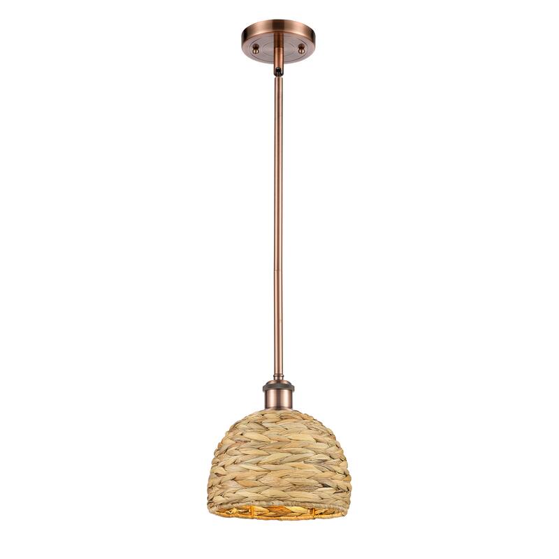 Innovations Lighting Woven Rattan - 1 Light 8" Stem Hung Pendant - Antique Copper/Natural Rattan
