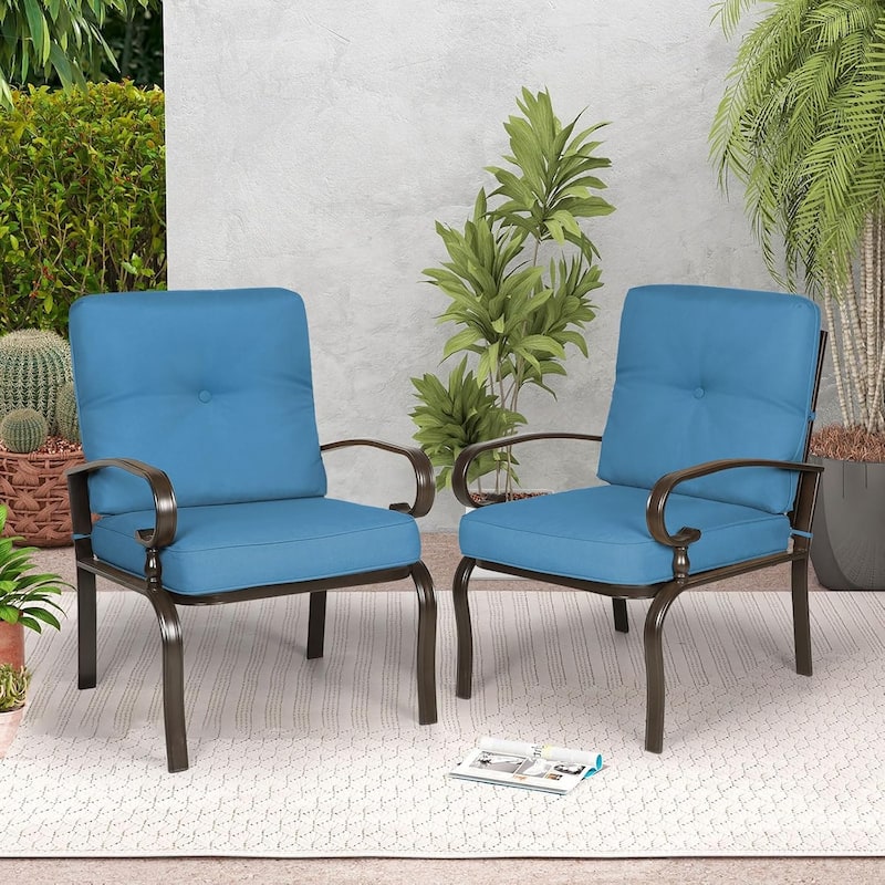 Outdoor Patio Metal Dining Club Chairs Set of 2, Garden Seating Arm Chairs with Cushions - Blue