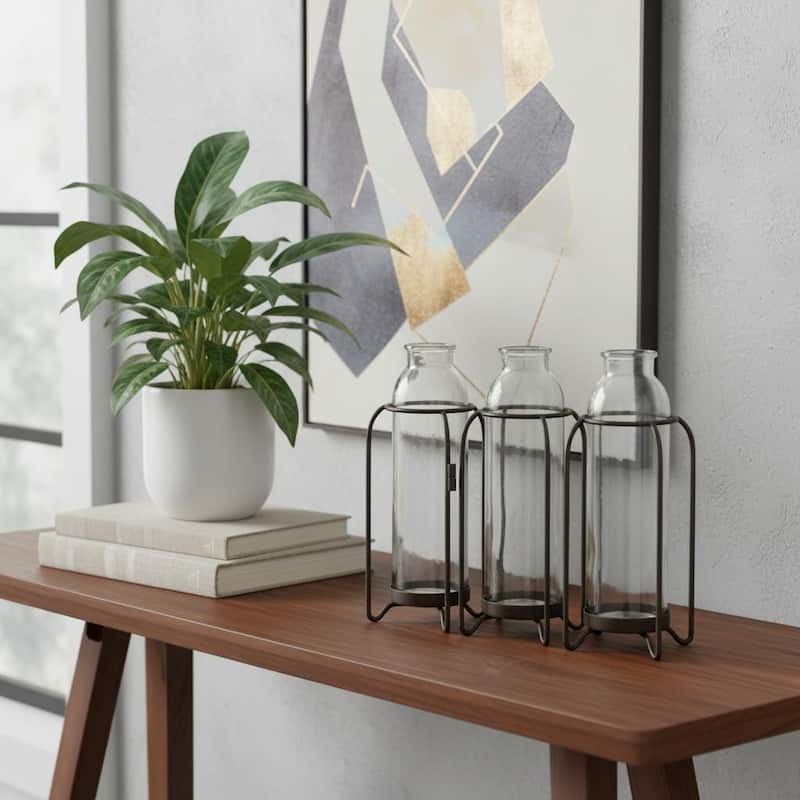 8" Black And Clear Glass And Metal Triple Test Tube Table Vase - 9.25 - Clear/Black - 9.25