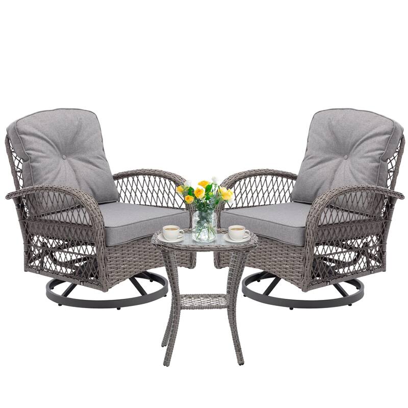 3 Pieces Outdoor Swivel Rocker Chairs, 360 Degree, Thickened Cushions & Glass Coffee Table - Grey