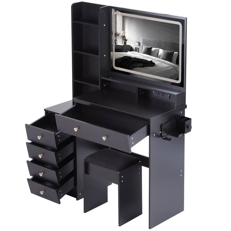 Vanity Desk with Touch Control LED Mirror, Makeup Table with Hair Dryer Stand, Vanity Table Set with Cushioned Stool