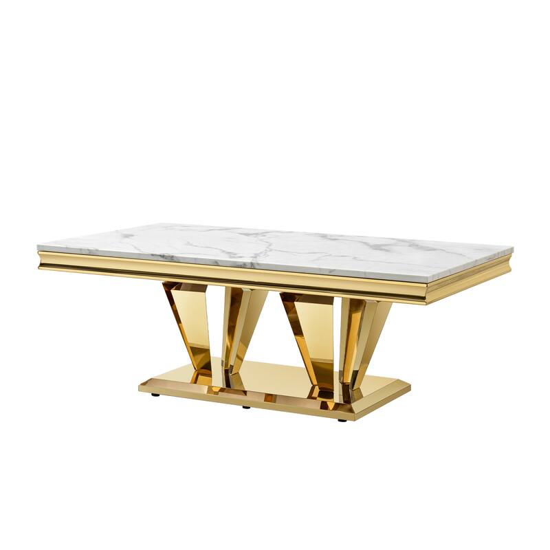 58.18" Modern Rectangular 0.78" Thick MDF Marble Pattern Top,Coffee Table Stainless Steel Base with Gold Mirror Finish