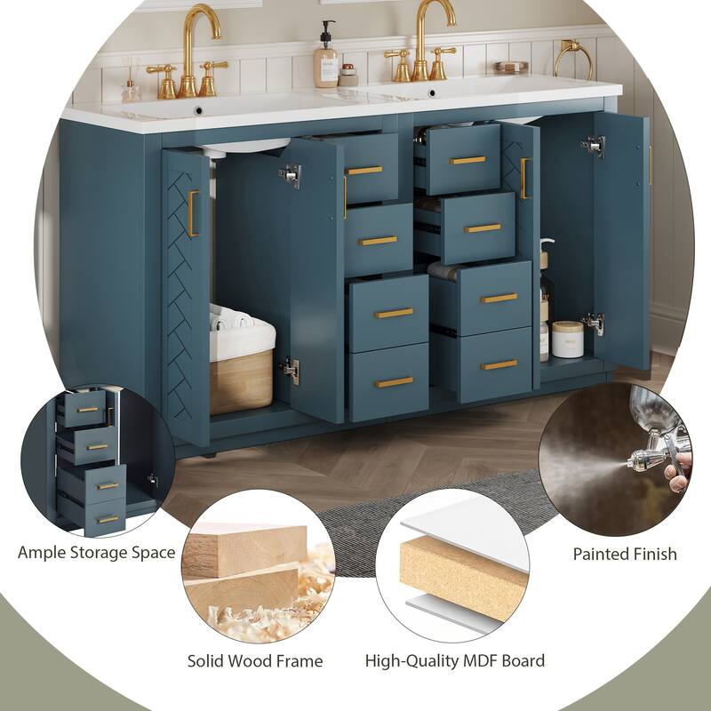 60''Vanity With Ceramic Sink Combo,Solid Wood Frame Storage Cabinet,Freestanding Vanity Set With 3 Drawers& Soft Closing Doors