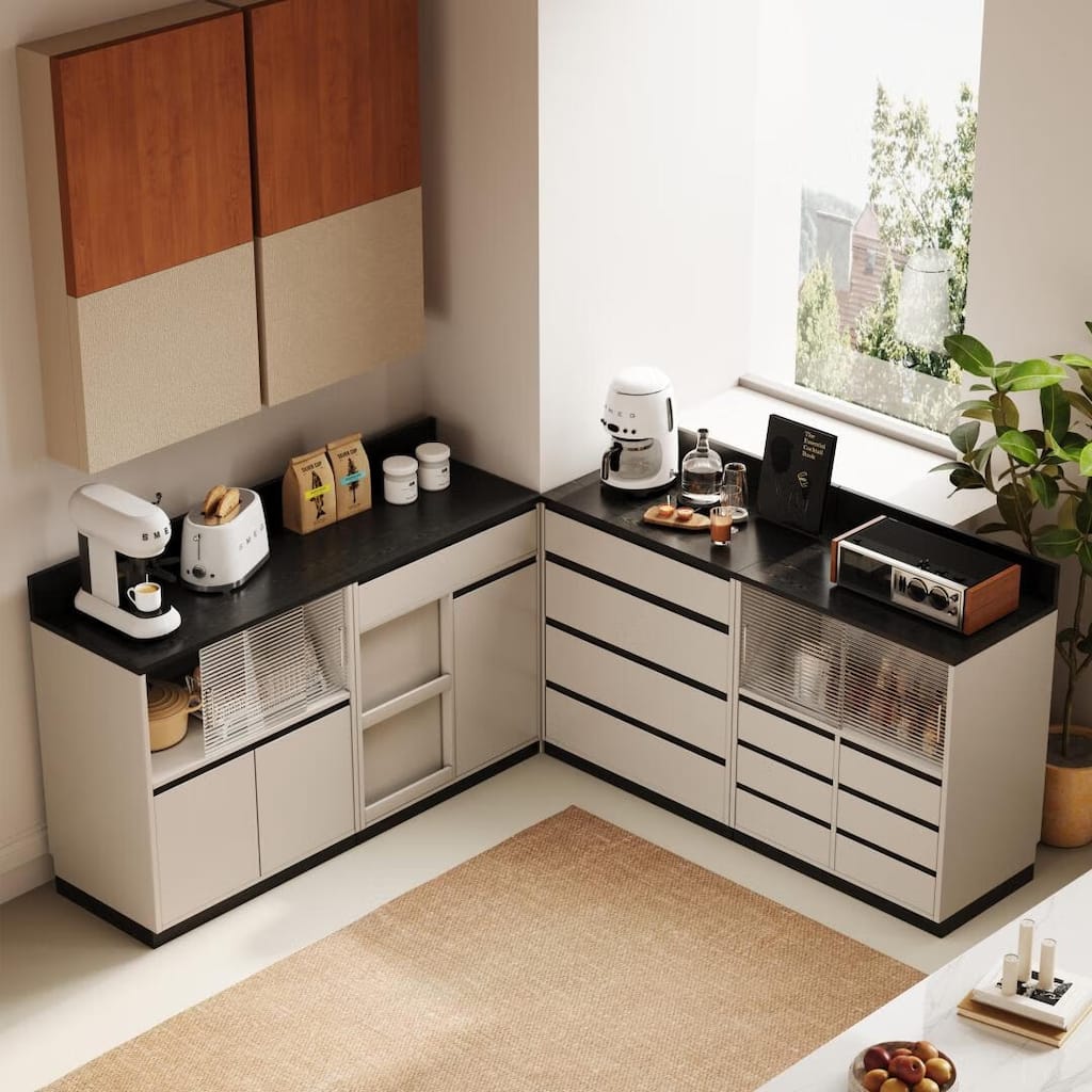 Modern 6-Drawer Storage Cabinet with Wavy Design and Black Wood-Grain Desktop