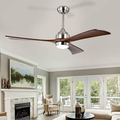 52" Ceiling Fan with Lights Remote Control,Quiet DC Motor 3 Wood Blade Ceiling Fans 6 Speed Levels(Stain nickel + Walnut )