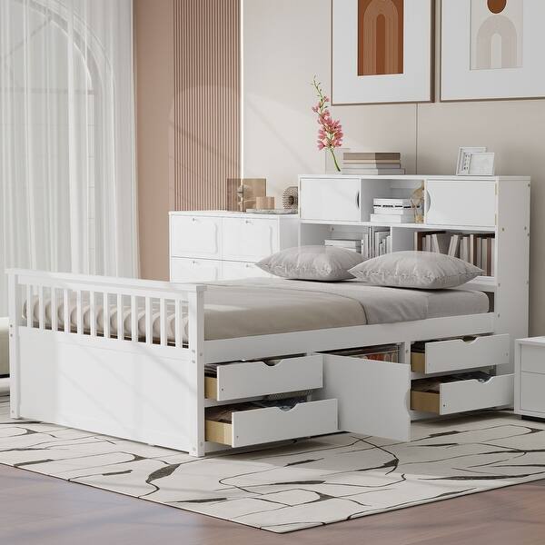 slide 2 of 17, Full Size Captain Platform Bed Frame with Storage Bookcases and Shelves, Four Drawers,White White