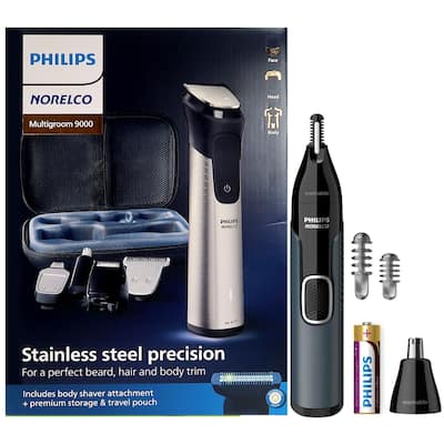 Philips Norelco Multigroom Series 9000 All-In-One Trimmer + Philips Norelco Nose Trimmer 3000 for Nose, Ears Eyebrows NT3600/62