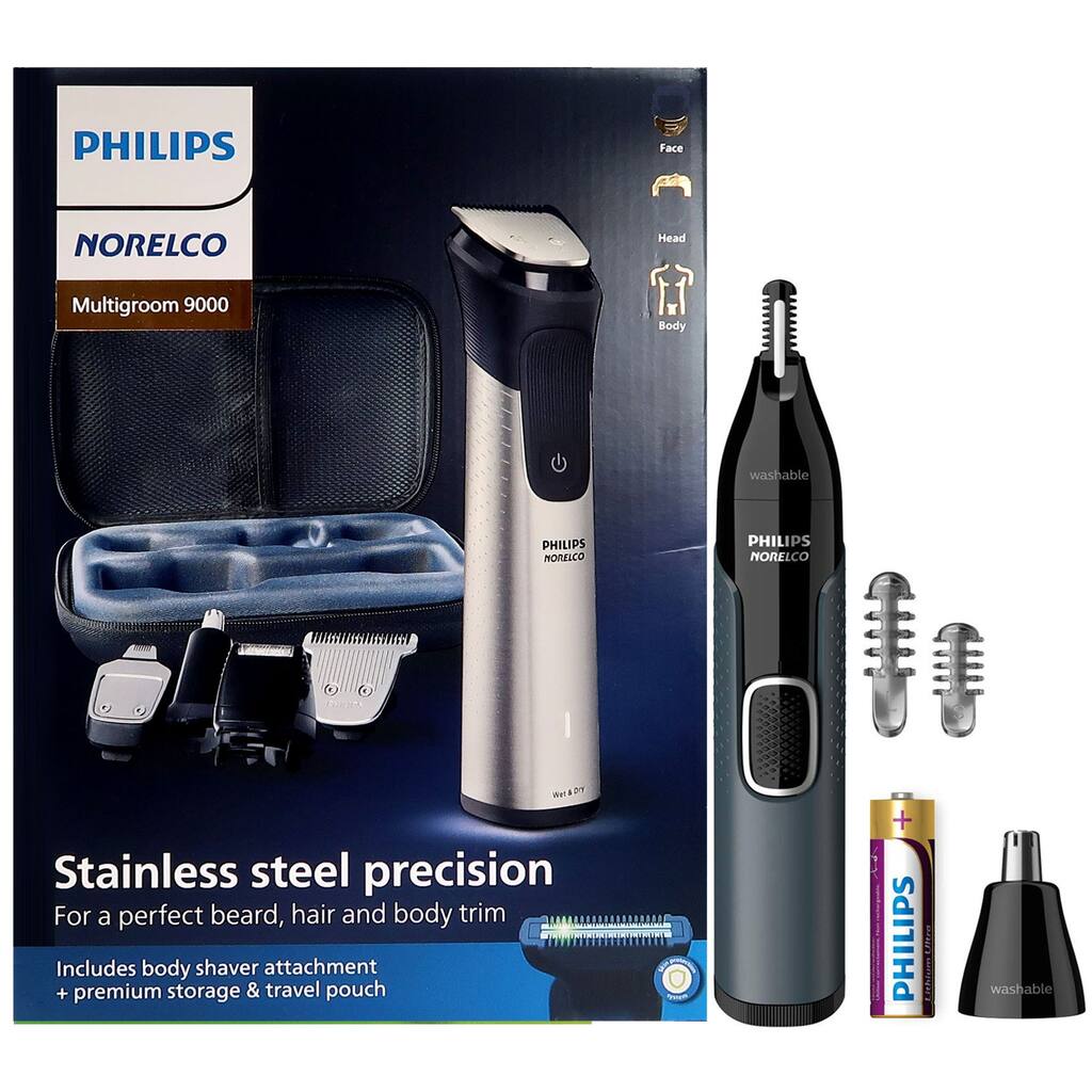 Philips Norelco Multigroom Series 9000 All-In-One Trimmer + Philips Norelco Nose Trimmer 3000 for Nose, Ears Eyebrows NT3600/62
