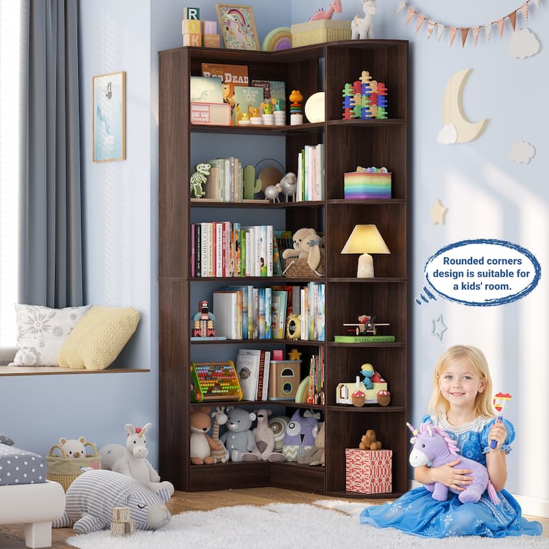 6-Tier Corner Bookshelf, 71" H Freestanding L-Shaped Book Shelf with Baffle, Corner Open Display Shelf Bookcase