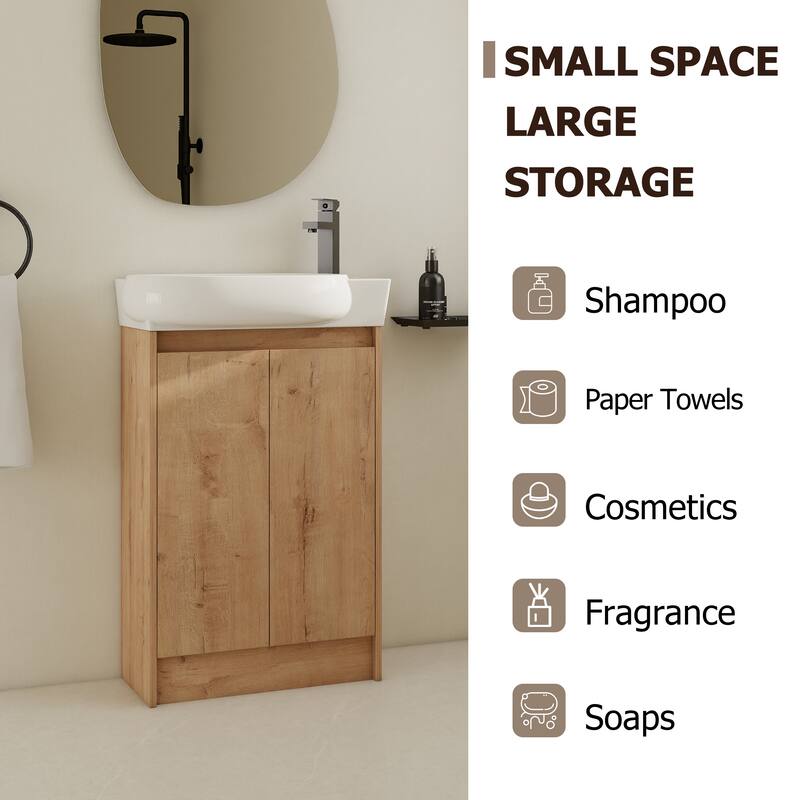 Compact Bathroom Vanity with Sink, Oval Single Ceramic Sink Bathroom Cabinet for Small Bathroom - Imitative Oak - 22.8 Inch