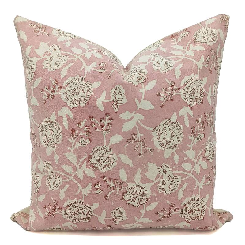 Fabdivine Bohemian Floral Green Pillow Cover Handmade Cotton for Fall Décor Block Print Chair Hotel Bedroom, Pink City - Rameshwaram- Pink, Brown - 14" x 20"