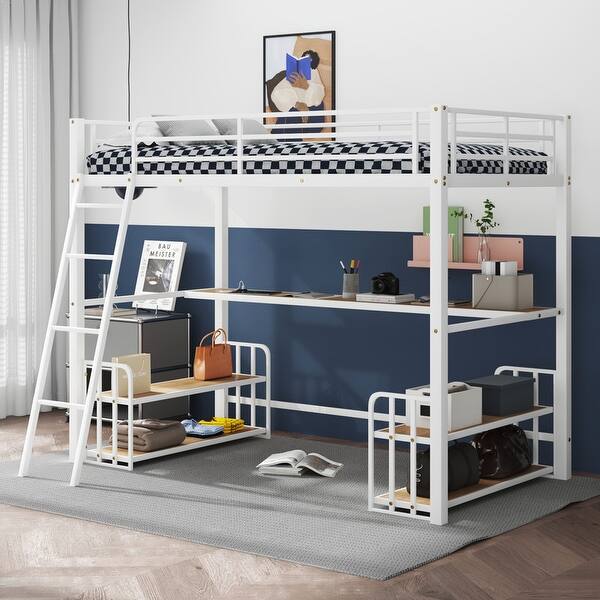 slide 2 of 5, Metal Twin Size Loft Bed with Desk, Storage Shelves and Charging Station