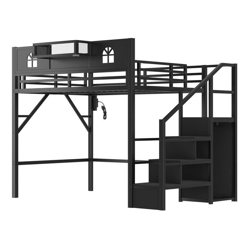 Queen/Full Size Metal Loft Bed with Stairs and House-Shaped Guardrails, High Loft Bed with Built-in Wardrobe