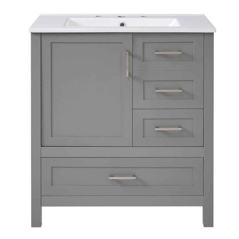 30'' Bathroom Vanity with Ceramic Sink, Freestanding Bathroom Vanity Cabinet with Soft Close Door, 3 Drawers and Removable Tray