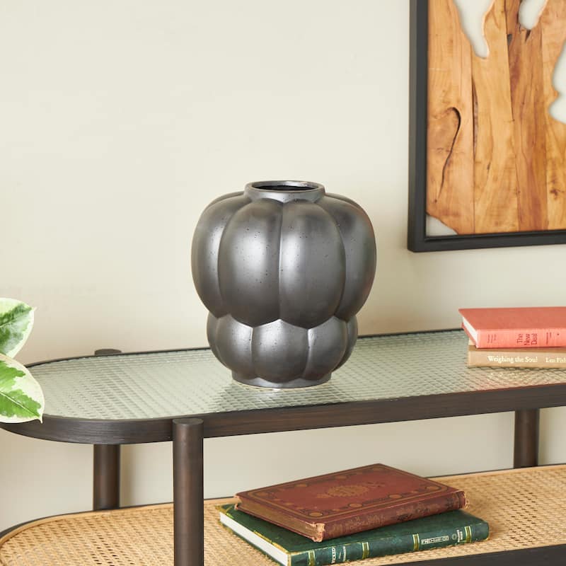 Black Ceramic Wide Bubble Inspired Vase with Distressed Speckled Texturing - Black - 10"W, 11"H