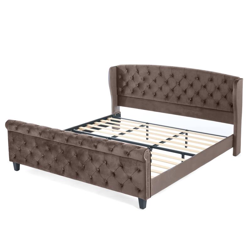 Christopher Knight Home - Amara Traditional Velvet Upholstered Sleigh Bed with Wingback Headboard & Scroll Footboard, King Size