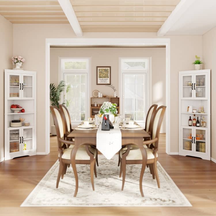 White MDF and Tempered Glass 6-Tier Corner Cabinet with Adjustable Shelves - 26" x 14" x 67" (L x W x H)