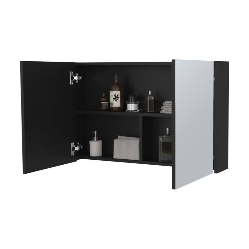 Wall-Mounted Medicine Cabinet with Two Mirrors and Three Shelves, Black Finish, Space-Saving Storage