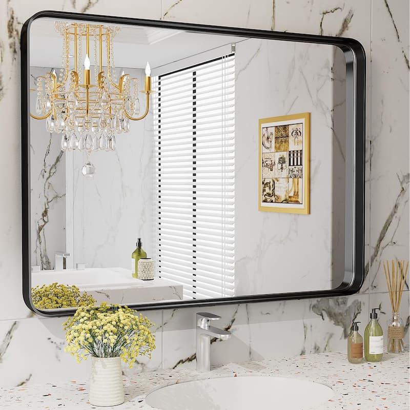22 in. W x 30 in. H Rounded Rectangle Framed Wall Bathroom Vanity Mirror in Matte Black - 40'x30"