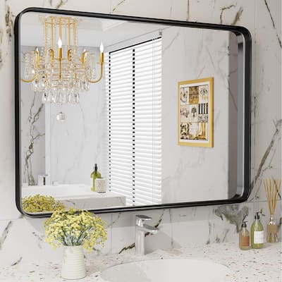 22 in. W x 30 in. H Rounded Rectangle Framed Wall Bathroom Vanity Mirror in Matte Black