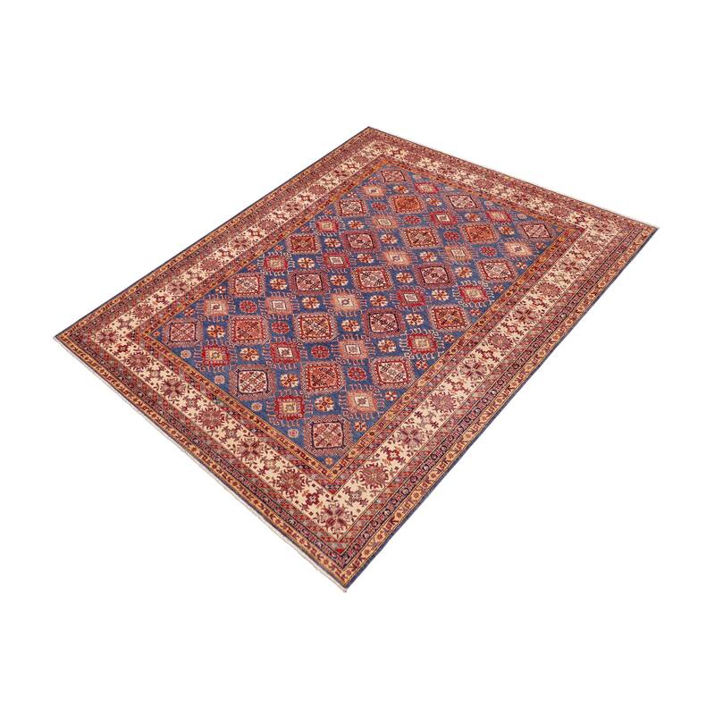 Southwestern Super Kazak Ari Blue/Beige Hand Knotted Wool Rug - 9'1'' x 12'7''