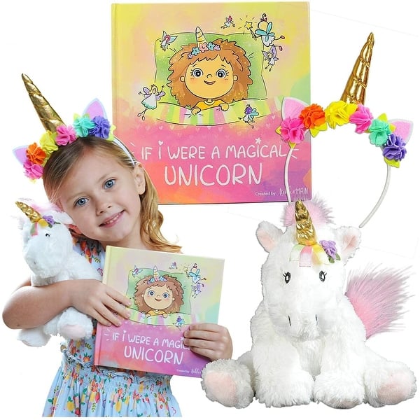 slide 2 of 6, Magical Unicorn Gift Set, 3-Piece Set with Colorful Headband, Illustrated Storybook and a Unicorn Stuffed Animal - Multi