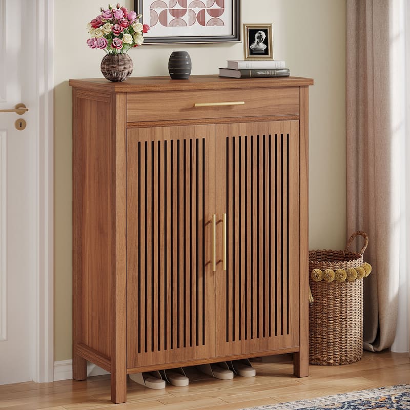 Shoe Cabinet with Louvered Doors & Drawer, Freestanding Wooden Shoe Rack for Entryway - Brown