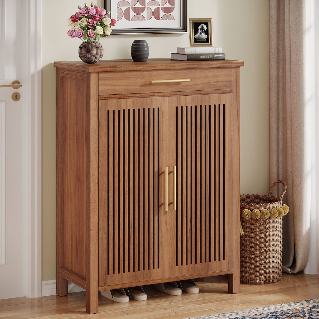 Shoe Cabinet with Louvered Doors & Drawer, Freestanding Wooden Shoe Rack for Entryway