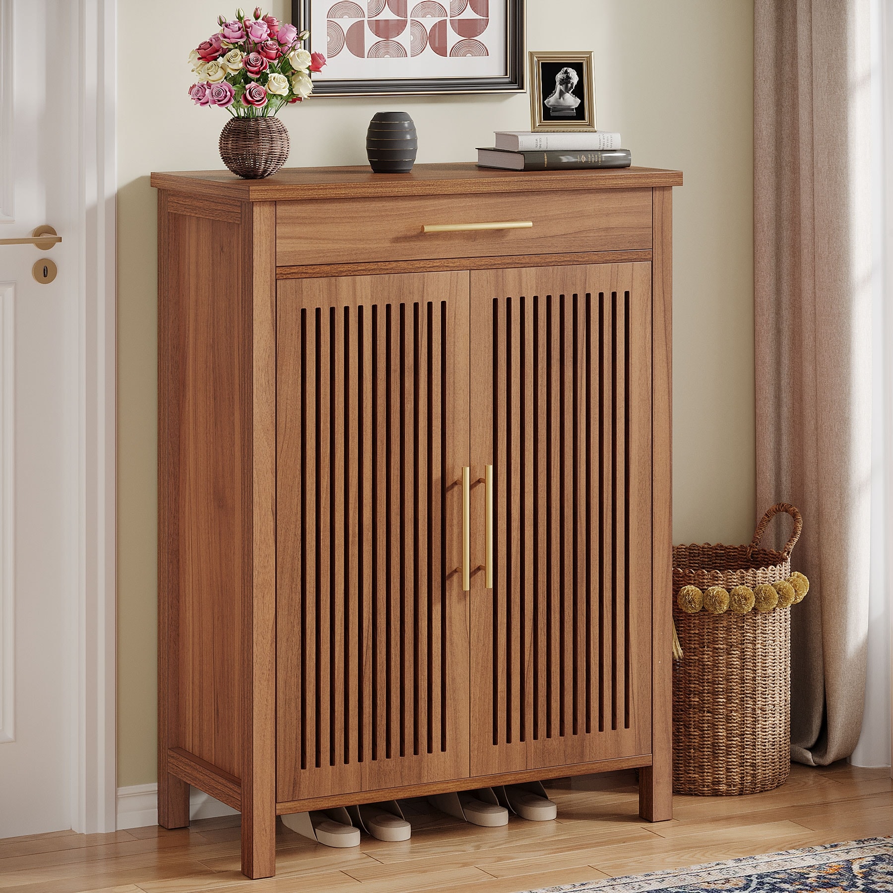 Shoe Cabinet with Louvered Doors & Drawer, Freestanding Wooden Shoe Rack for Entryway