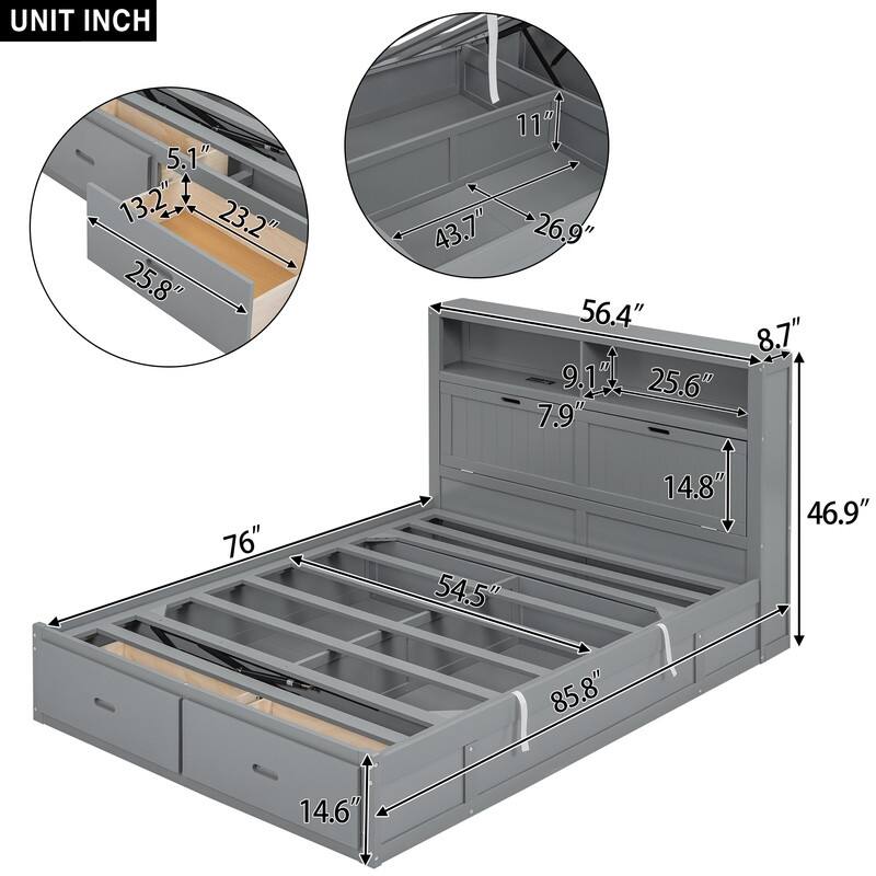 Full/Queen Size Hydraulic Storage Platform Bed Frame with LED, Charging Station and 2 Drawers