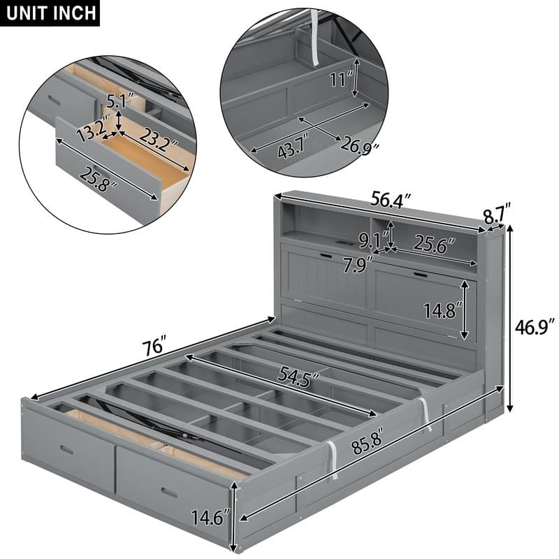 Full Size Wood Platform Bed with LED Headboard Charging Station 2 Drawers Hydraulic Storage