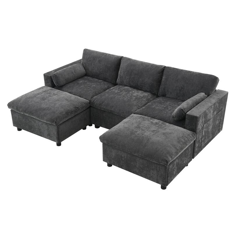 86.5" Chenille Modular Sofa with Storage Pockets, Movable Ottomans