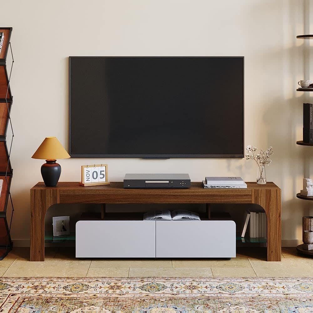 63 Inch TV Stand, Lighting TV Cabinet Entertainment Center, Brown - N/A