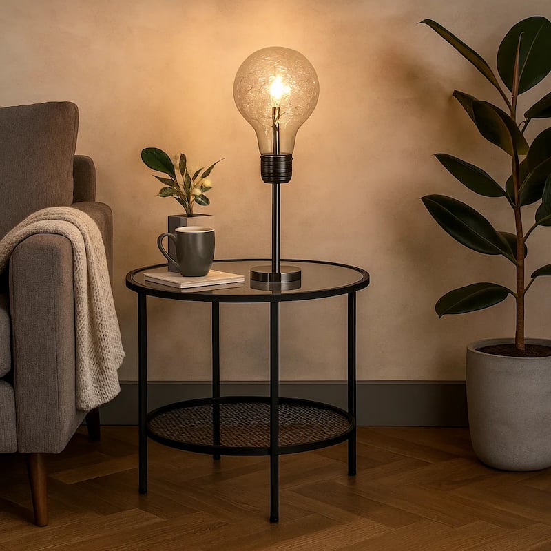 Febe 26 Inch Table Lamp, Large Bulb Shade, Glass, Metal, Black Nickel