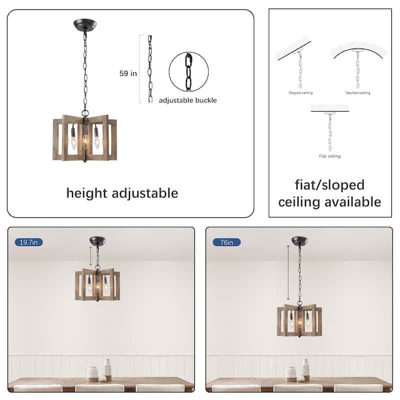 Kira Solid Wood Drum Kitchen Island Pendant Light Farmhouse Rustic Entryway Chandelier - L 14.2" x W 14.2 "x H 11.4"