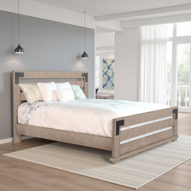 Desy Queen Size Platform Bed, Slatted Headboard, Farmhouse Light Brown