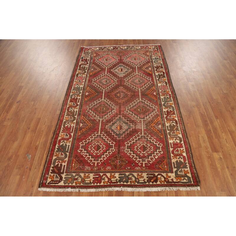 Red & Pink Geometric Bakhtiari Persian Rug Hand-Knotted Wool Carpet - 4'5" x 7'4"